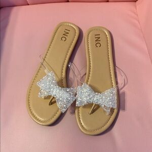 INC International Concepts Tan Slide Sandals with Pearl-Embellished White Bow